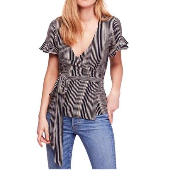 Free People Wrapped Around My Finger M Striped Knit Short Sleeve Wrap Blouse - Picture 2 of 10